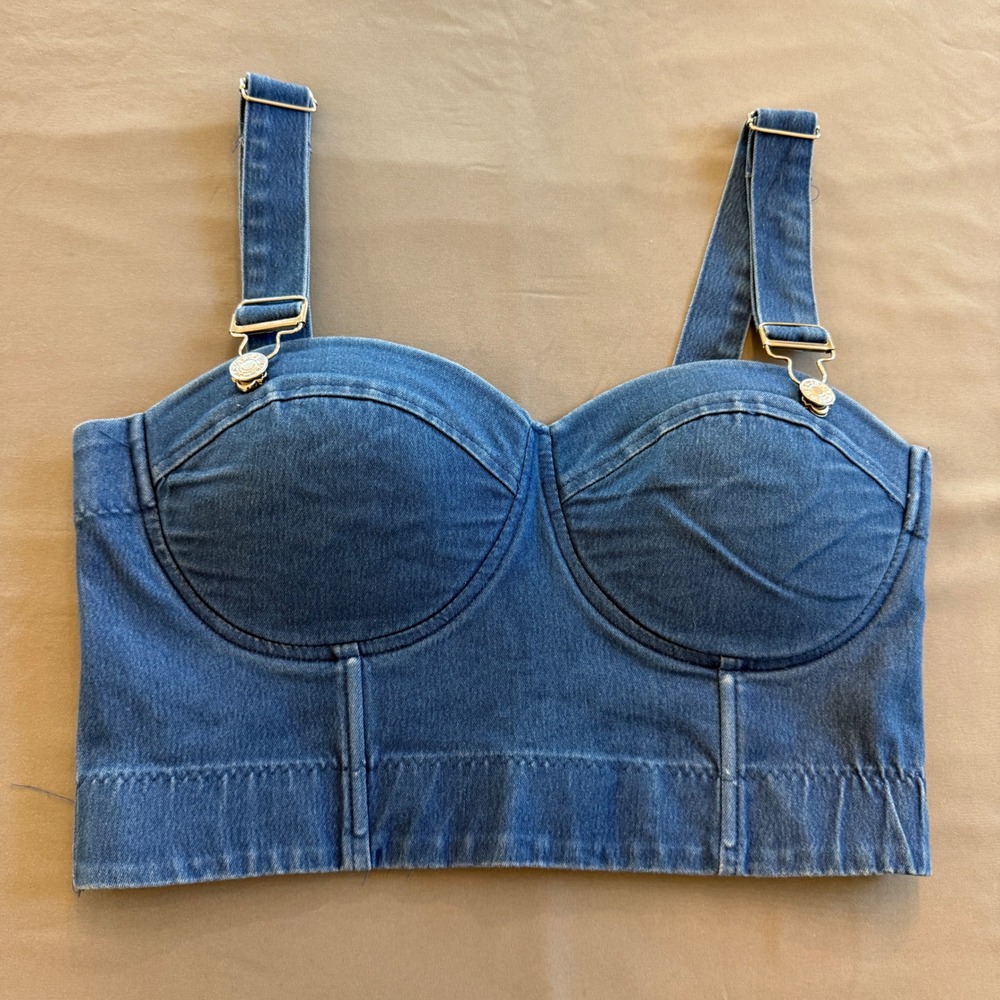Cool Attitude Womens Denim Bustier‎ Crop Top Medium Wash Overall Straps Blue
